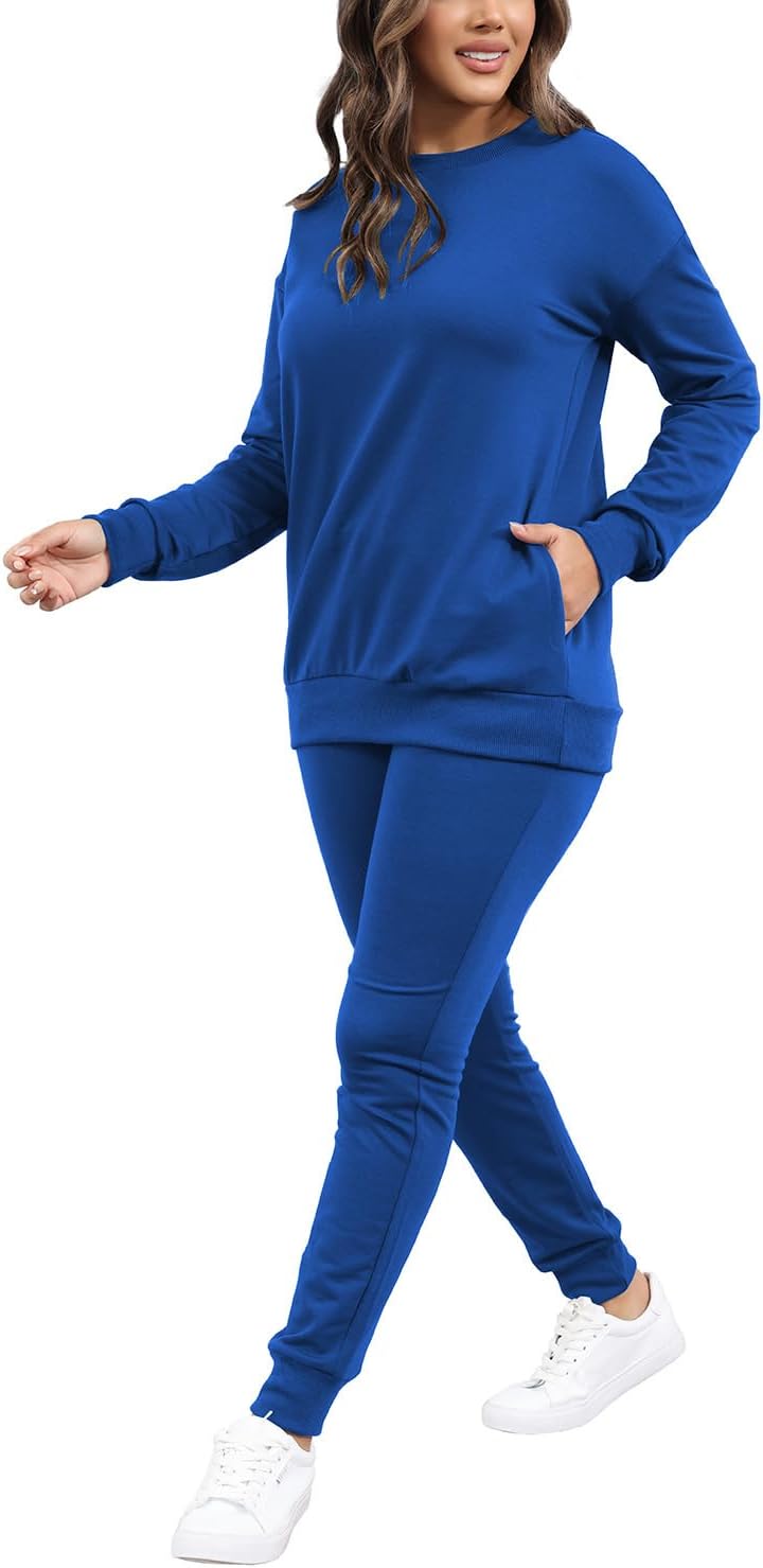 HBQ Two Piece Outfits For Women Casual Long Sleeve Sweatsuits Jogger Tracksuits Lounge Sets With Pockets-Blue-L