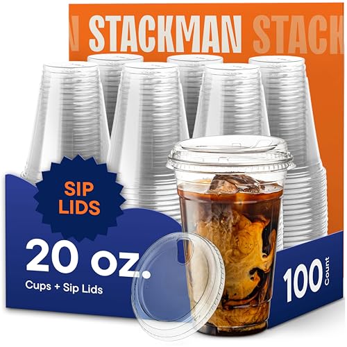 20 oz Clear Plastic Cups with Strawless Sip Lids (100 Pack) - Disposable Iced Coffee Cups for Home Baristas Spill-Proof Cold Drink Tumblers Crystal Clear BPA-Free Smoothie Cups Sturdy & Heavy Duty
