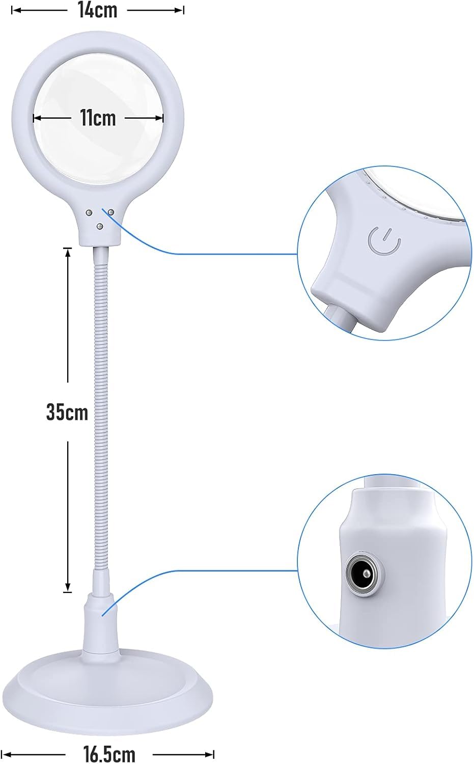 Lente di ingrandimento 5x, con luce e supporto, lampada LED dimmerabile a mani libere, ideale per lettura, hobby, cucito, artigianato, Bianco