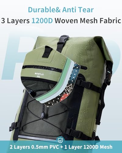ECOHUB Waterproof Dry Bag Backpack, Roll Top Closure Heavy Duty Waterproof Backpack, Dry Bag Rucksack with IPX8 Waterproof Phone Case for Hiking, Kayaking, Boating, Camping, Fishing, 30L-Green - Image 5