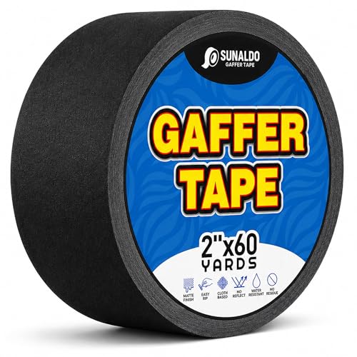 Image of Gaffers Tape Heavy Duty, Easy to Rip, Residue-Free Professional Grade Floor Tape for Electrical Cords, Matte Finish Non Reflective, Weather Resistant (1, Black, 2 inch x 60 Yards)