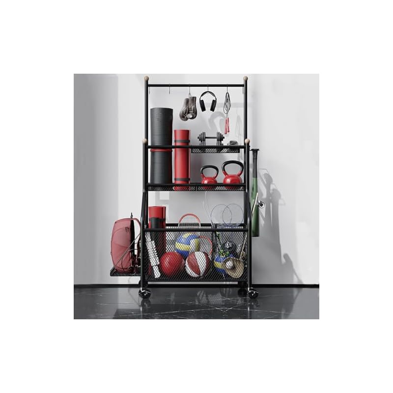 Home Gym Storage Rack, Yoga Mat Weight Rack with Lockable Wheels & Adjustable Hooks Weight Stand for Dumbbells, Yoga Mat Storage, Home Exercise, Fitness Gear