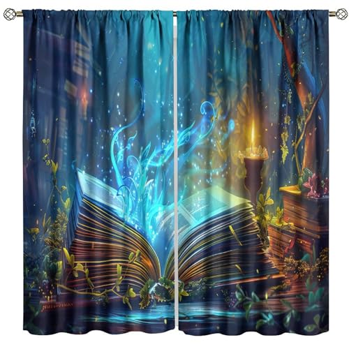 Magic Library Curtains, Dreamy Fairy Tale Blue Dim Light Abstract Forest Wooden Bookshelf Pattern Window Treatments For Kids, Blackout Rod Pocket Drapes For Living Room Bedroom Bathroom 63x72in