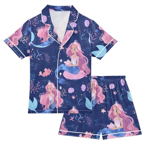 ALAZA Beautiful Mermaid Coral Reef Bubble Satin Pajamas Set Short Sleeve Button Down Sleepwear Summer Pjs 2 Piece