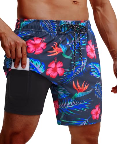 Image of Gleeease 7inch Mens Swim Trunks 2 in 1 with Compression Liner Pockets Drawstring Quick Dry Stretch Lined Funny Beach Pool