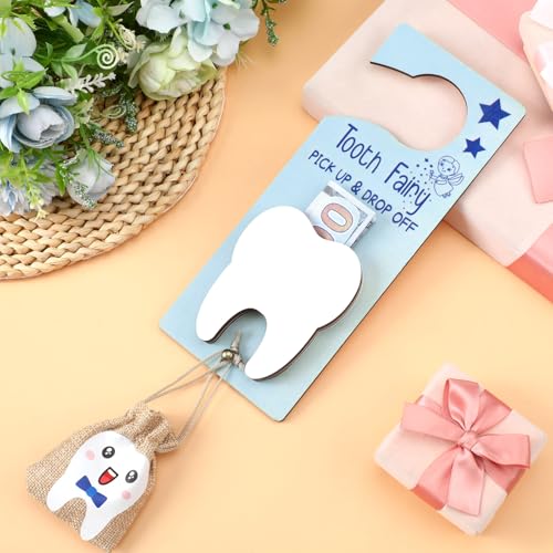 Image of DoubleFill Fairy Tooth Gift Holder Bag Door Hanger Lost Teeth Keepsake Box Tooth Fairy Kit Stores Back to School Gift for Lost Teeth Boy Girl Primary School Classroom Gifts(Classic,Blue Brown)