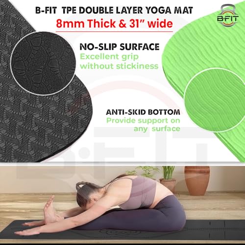 Image of B Fit 8 MM Thick Wide 31x72 Inch Original TPE Yoga Mat - Free Yoga Bag and Strap Included - With Alignment System, Non-slip, Eco-friendly, sweat-resistant (Green-Black)