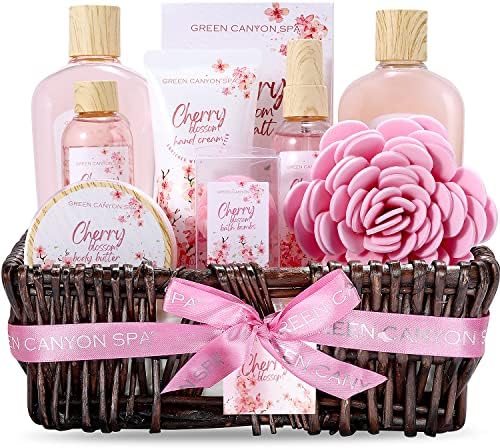 Spa Gift Baskets for Women, Birthday Bath Gifts Sets 10Pcs Cherry Blossom Essential Oil Spa Gift Kit with Wicker Basket for Home Decor, Holiday Gift for Mothers Day Gifts for Mom from Daughter