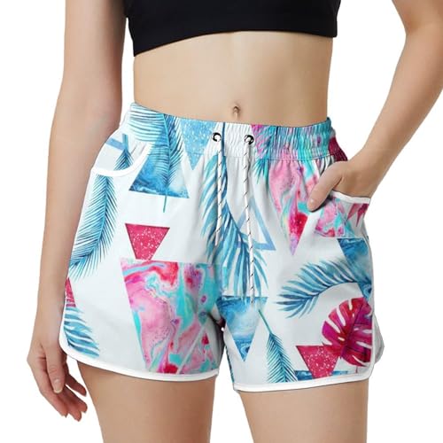 AYUNIX Women's Running Shorts with Pockets Quick Dry Performance Shorts for Women Hawaii Leaf Athletic Workout Gym Shorts White