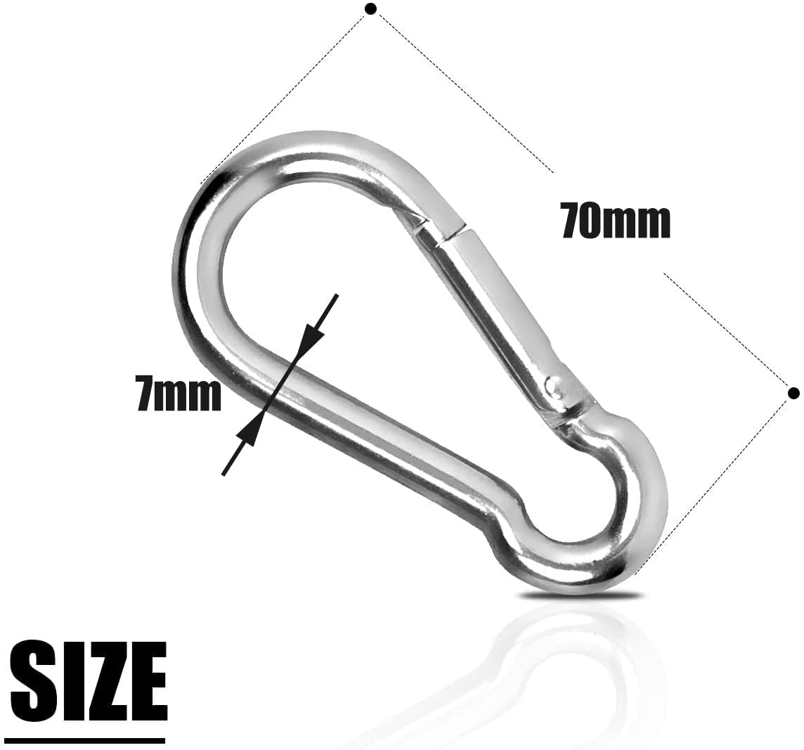 5 moschettoni in acciaio inox 304, grandi 70 mm x 7 mm, con chiusura a scatto, resistenti, in acciaio di alta qualità per aiuti e maniglie con occhiello