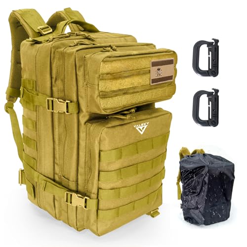 VALSKY Mochila tactica 45L || Bolsa de hidratación + Funda impermeable + Bandera España PVC || Mochila Militar para senderismo , mochila crossfit, mochila trekking || (45L, Beige España)
