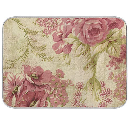 Dish Drying Mat for Kitchen Counter Vintage Pink Rose Absorbent Microfiber Drying Pad Dish Drainer Mat 18 x 16 Inch Reversible Bottles Dish Dry Pad