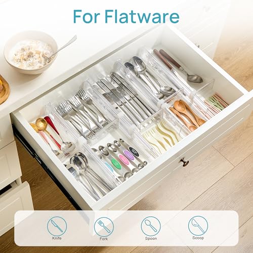 Image of Vtopmart 2.36 inch Drawer Dividers with Expandable Inserts, 12.8 inch-22.3 inch Adjustable Kitchen Drawer Organizer, Clear Plastic Organizer Separator for Flatware, Utensil, Cutlery, 8 Dividers with 14 Inserts