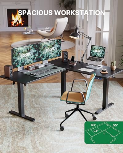Marsail L-Shaped Adjustable Electric Standing Desk with 4-in-1 Outlet and Headphone Hook for Home Office, Black