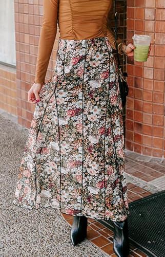 Women‘s Floral Print High Waist Maxi Skirt Brown