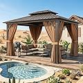 Breezestival 10x12FT Hardtop Gazebo, Metal Frame with Double Galvanized Steel Roof, Permanent Outdoor Pergola with Curtains and Netting Included for Backyard, Patio, Lawn and Garden, Brown