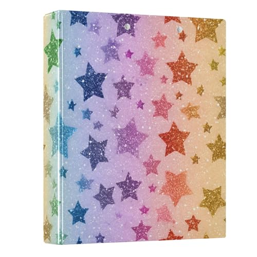 Image of 3 Ring Binder Rainbow Star Glitter Pattern 1.5 inch Binders Three Ring Binders with Clipboard Fit 8.5'' x 11'' Paper 3 Interior PVC Clear Pockets for Office Supplies