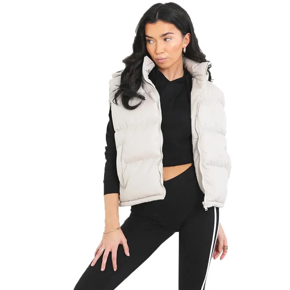 Brave Soul Women's Stone Mila Padded Bodywarmer Cropped Microfibre Hooded Gilet (As8, Numeric, Numeric_10, Regular, Regular, 10)