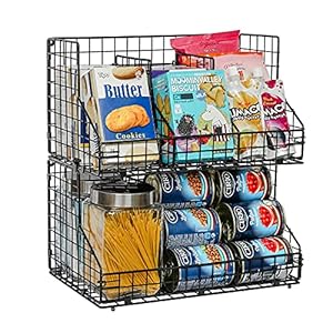 X-cosrack XXL Stackable Wire Baskets for Pantry Organizers and Storage, 2 Pack Snack Organizer Baskets with 4 Removable Dividers, Metal Pantry Storage Bins for Snack Canned Spice Food, Black