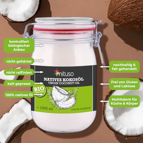 mituso Bio Kokosöl, nativ, 2er Pack (2 x 1000 ml) im Bügelglas