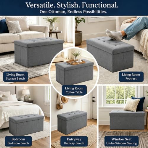 Image of ALASDO 30 Inch Folding Storage Ottoman Bench with Hidden Storage, PU Leather Ottoman Foot Rest Stool, End of Bed Bench for Bedroom, Living Room, Entryway and Closet, Grey