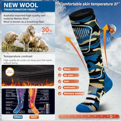 Merino Wool Ski Socks 2 Pairs, Thermal Knee High Warm Socks for Snowboarding, Hiking, Cold Weather, Snow, Hunting2