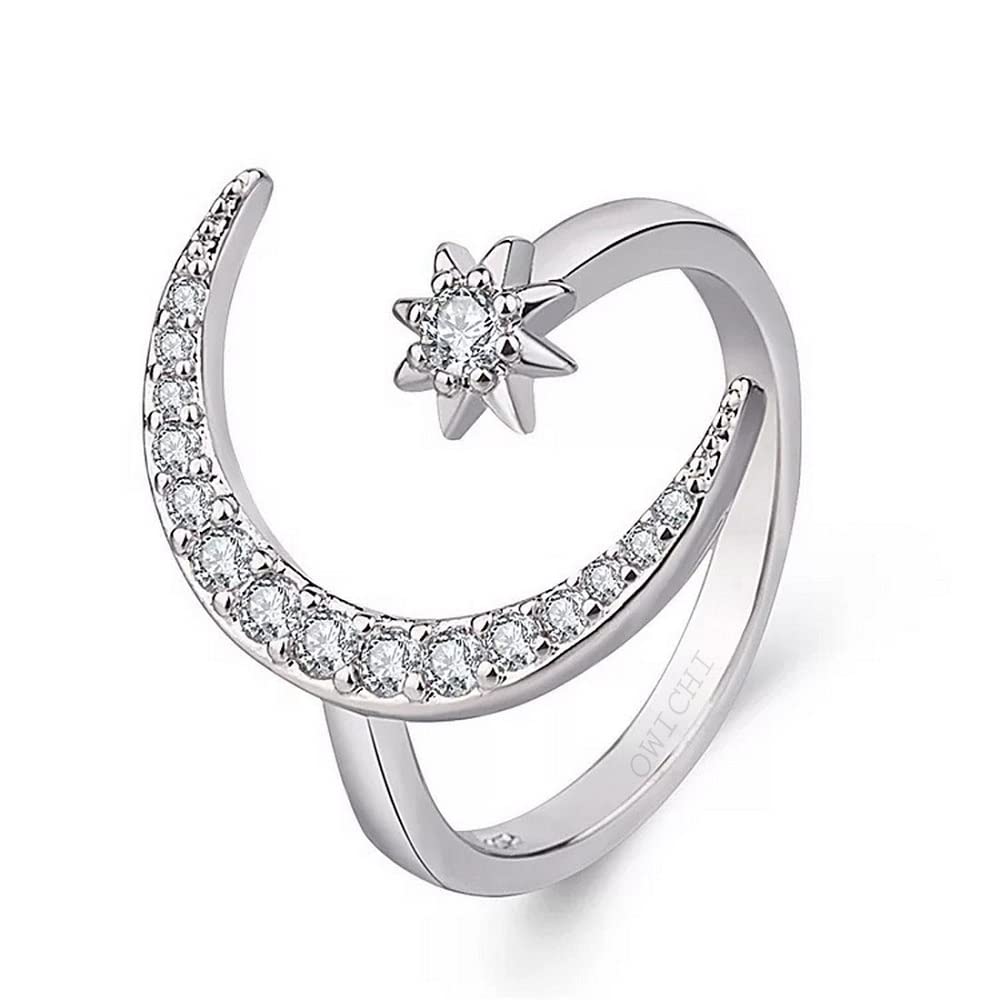Owichi Copper Silver Plated Moon and Star Cubic Zirconia Valentine Rings for Women and Girls (Silver) (B09PRGGJGP) Amazon Price History, Amazon Price Tracker