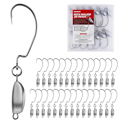 PROBITE Rock Walker Jig Heads – 30pcs Assortment, 4 Size Options, Obstacle-Crossing Heavy-Duty Hooks for Saltwater & Freshwater Fishing (1/3oz)