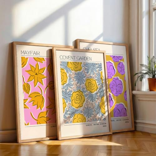 Image of NoWorries Trendy Abstract Floral Art Wall Frames | Modern Botanical Prints Inspired by London Paintings 300 GSM Premium Prints | Synthetic Wooden Stylish Frame Wall Decor for Bedroom, Living Room, Cafe & Office (Set of-3) (NATURAL, ART-1, 25X37INCHES)