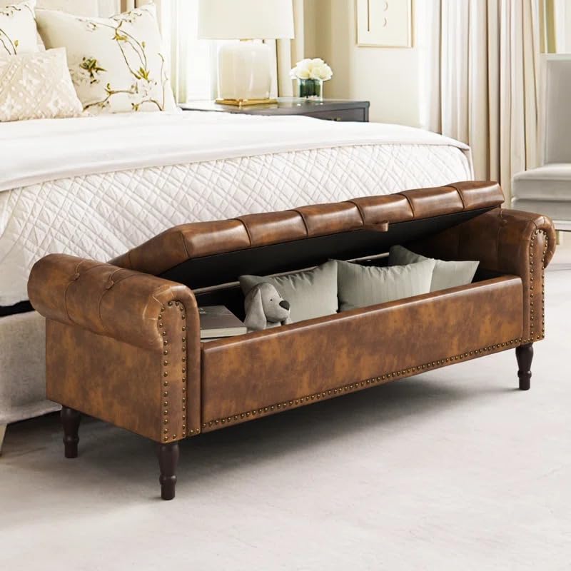 Image of Leather Storage Ottoman Bench with Rolled Arms | Tufted Upholstered 2 Seater Sofa Bench with Hidden Storage | End of Bed Bench for Bedroom Living Room Entryway | Nailhead Trim Accent Seat | Brown