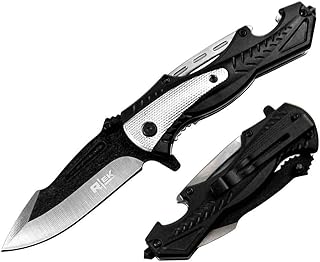 5" Closed Tactical Bottle Opener Glass Break Spring Assisted Easy Open Stainless Steel Pocket Folding Camping Knife 5 Options Dual Color (Silver) - Rtek