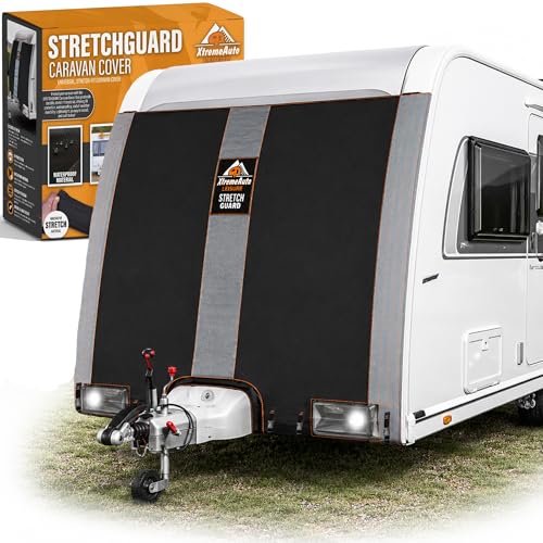 Xtremeauto STRETCHGUARD V2 Caravan Front Towing Cover Universal Stretch Fit Waterproof & UV Protective Caravan Cover with Integrated Light Pouches Fits Most Caravans (Small (88-94))