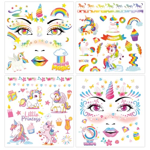 Qpout 8 Folhas de Rosto de Unicórnio Tatuagens Temporárias, Unicórnio Fofos, Maquiagem de Olhos, Arte Corporal Impermeável, Tatuagens Falsas Impermeáveis, Adesivos Para Meninas