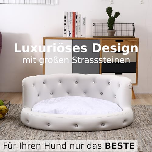 DaMi Luxus Hundebett I Premium Hundeschlafplatz mit großen Strasssteinen, Hundekissen Hundematratze Dogbed waschbar, Hundezubehör Hunde Dog Bed Bett Matratze Körbchen, 35x73x63 cm Oval Weiß