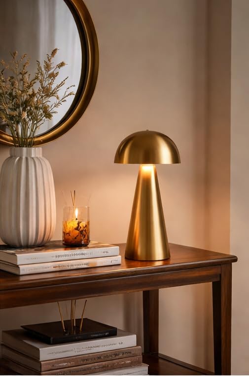 Image of blissbells Modern Gold Table Lamp - Minimalist Metal Bedside Lamp with Warm Ambient Light, Contemporary Mushroom Dome Design for Bedroom, Living Room, Office & Nightstand