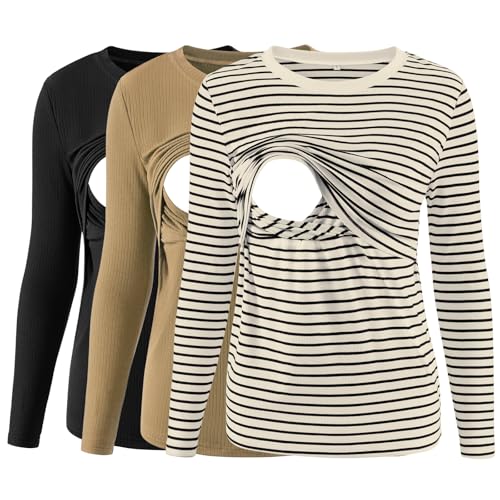 Image of Liu & Qu Women's Nursing Tops Ribbed Long Sleeves Maternity Shirts Double Layer Breastfeeding Shirts Pregnancy Clothes 3 Pack