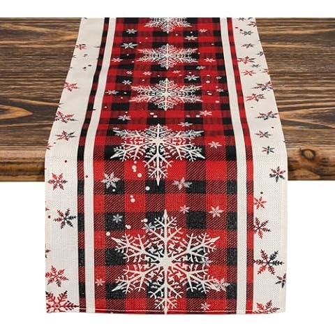 Wowang Buffalo Plaid Snowflakes Christmas Table Runner 13x72 Inch Seasonal Winter Christmas Table Runner Indoor for Home Decor Dining Kitchen Party Table Decoration Cover