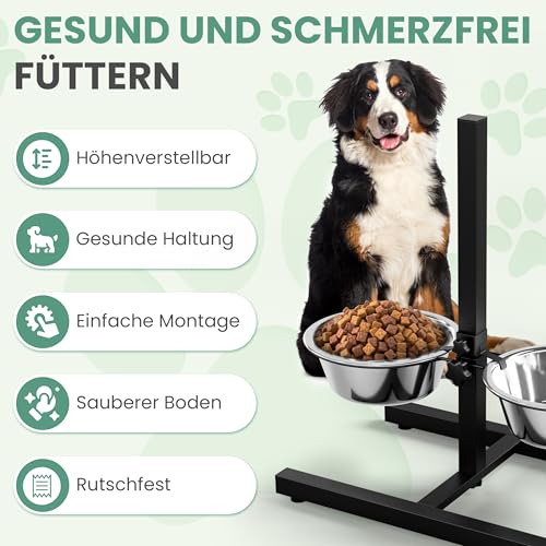 Oramics Hundebar Fressnapf Höhenverstellbar deluxe für Welpen und große Hunde mit zwei Edelstahl-Näpfen als Futternapf und Wasser-Napf