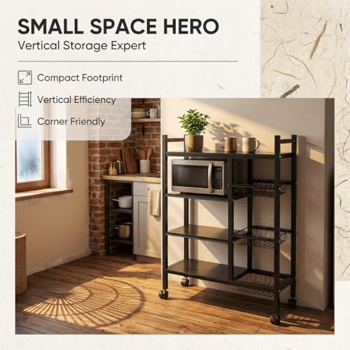 Image of COMFYHOME Kitchen Organizer Rack Shelf with Wheels - Adjustable 4-Tier Microwave Stand with Storage Shelves, Storage Rack with 3 Wire Baskets, Microwave Stand, Metal Kitchen Cart for Pantry