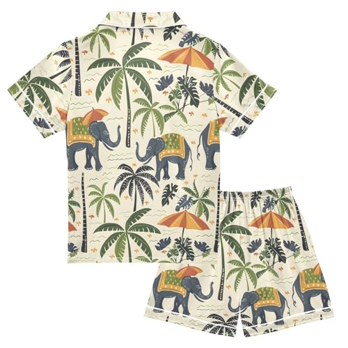 ALAZA Elephant Palm Tree Indian Satin Pajamas Set Short Sleeve Button Down Sleepwear Summer Pjs 2 Piece2