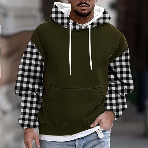 Patchwork Plaid Hooded Pullover Men Casual Long Sleeve Loose Sweatshirt With Pocket Fleece Fall Winter Warm Hoody Tops2
