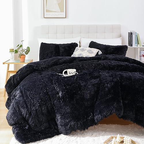 Smoofy Fluffy Twin Comforter Set, Faux Fur Comforter Set, Luxury Fuzzy Twin Bedding Set, Soft Shaggy Bed Set for All Season, 2 Pieces - 1 Comforter & 1 Pillowcase, Black