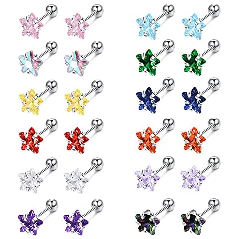 Drperfect 12Pairs CZ Stud Earrings for Women Men Stainless Steel Multicolor Star Cubic Zirconia Earrings Studs Cartilage Helix Earring Stud Set 3MM-6MM, Stainless Steel Cubic Zirconia, Cubic Zirconia Cover