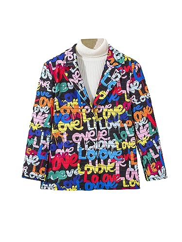 WDIRARA Girl's Allover Letter Print Button Front Jacket Lapel Neck Long Sleeve Coat Multicolor 8Y