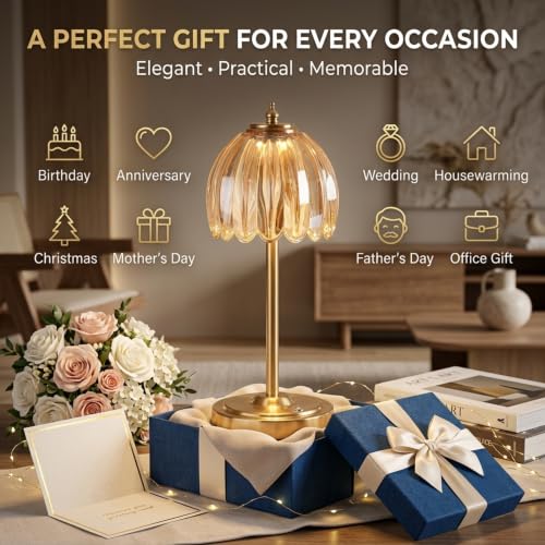 Image of NYRWANA Cordless Rechargeable Glass Table Lamp with 2000mAh Battery, USB-C Charging, Stepless Dimming, 3 Colour Touch Control,Lamp for Bedroom, Living Room, Home Decor, Rakhi Gift (Metal)