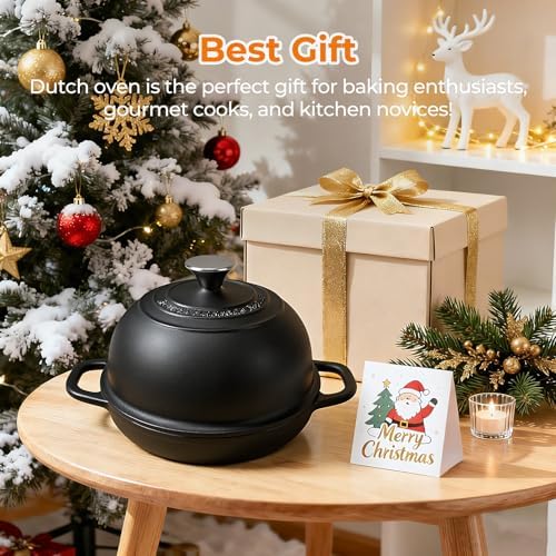 5QT Pre-Seasoned Cast Iron Dutch Oven For Bread Baking, Dutch Oven with Domed Lid, Sourdough Bread Baking Supplies, Multi-Functional Bread Pan For Baking, Frying, Roasting - Thumbnail 4