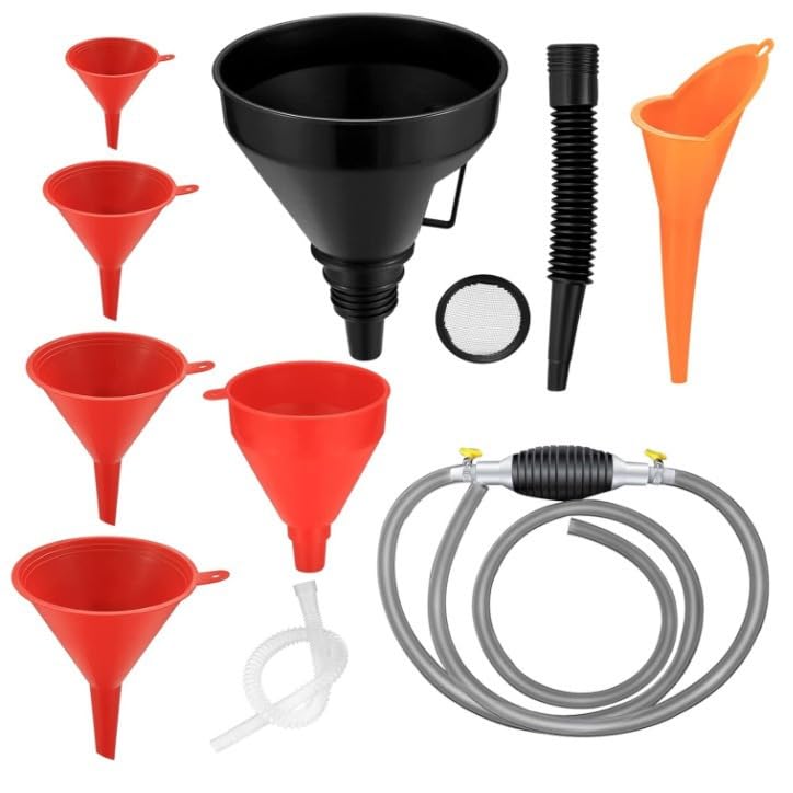 8-Piece Oil Funnel Set with Strainer, Telescopic Hose, Flexible Plastic Long Spout Funnel Set with Removable Hose and Hand Suction, General Gasoline Fuel Funnel