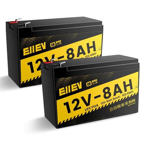 12V 8Ah Lithium Battery 4000+Cycles 12V LiFePO4 Battery Built-in BMS 5A Deep Cycle Lithium Iron Phosphate Rechargeable Batteries for Small UPS Power Wheels Fish Finder Ride-on Toy Camping(2Pack-8Ah)