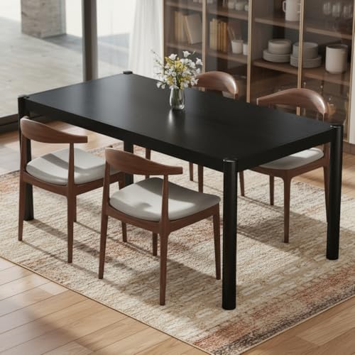 Image of DUOMAY Modern Rectangular Dining Table, 64.5'' Farmhouse Solid Wood Kitchen Tables for 4-6 Person, Breakfast Dinner Tables for Dining Room, Kitchen, Living Room, Black