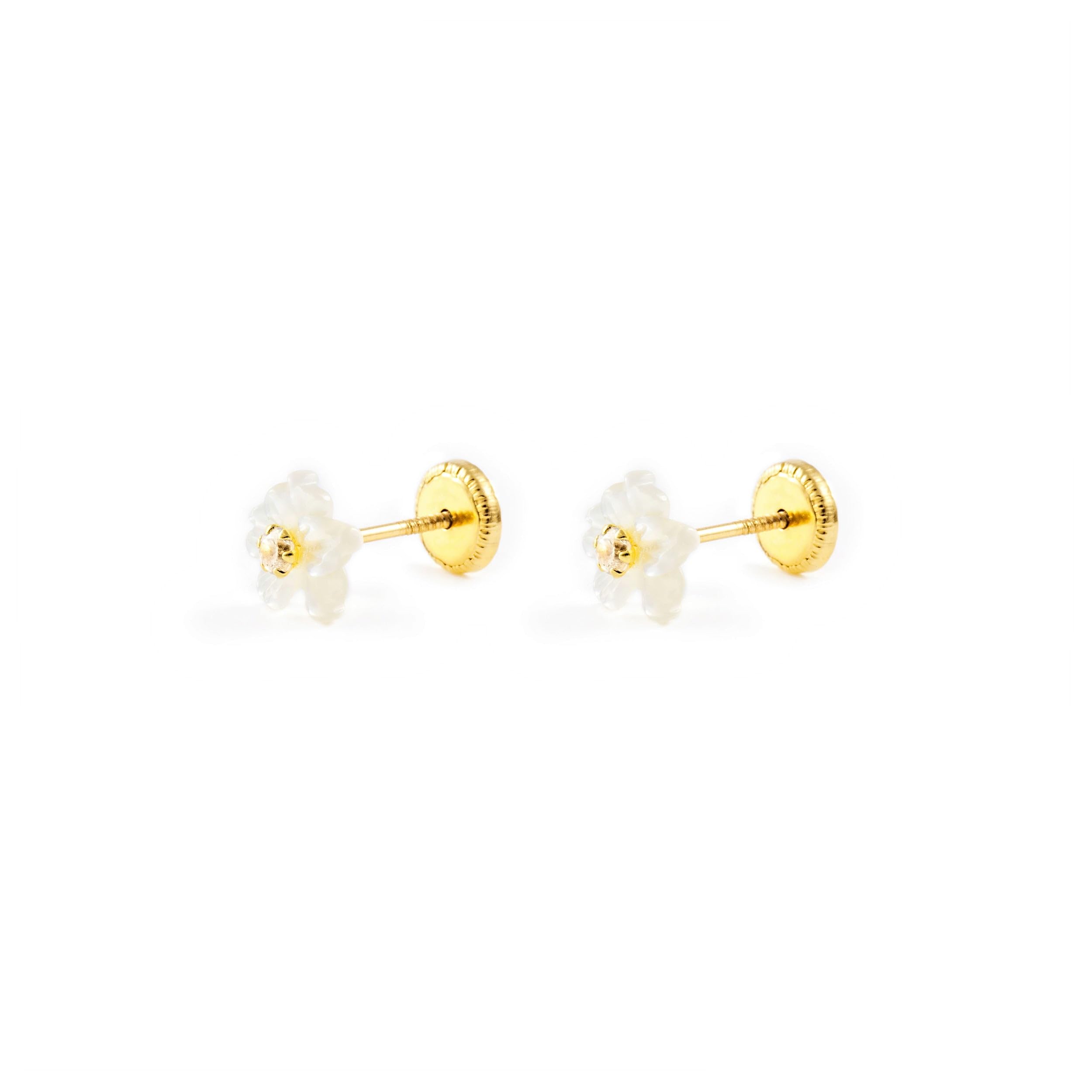 Pendientes bebe o Niña Flor Nacar 5 Petalos Circonita (9kts) - Estuche Regalo - Certificado de Garantía - Mondepetit